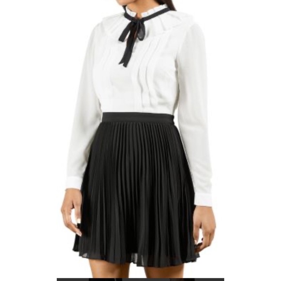 Ted Baker Women's Pleated Tie Neck Mini Dress - Ivory/Cream - Size 1 Long Sleeve